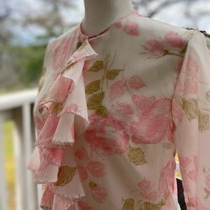 Vintage | Cottagecore Rose Print Ruffle Blouse